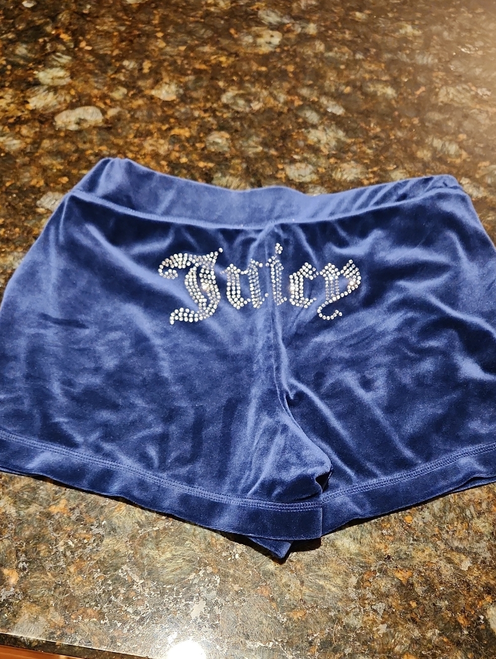 Juicy Couture Navy Velour Shorts with Rhinestone Script Logo